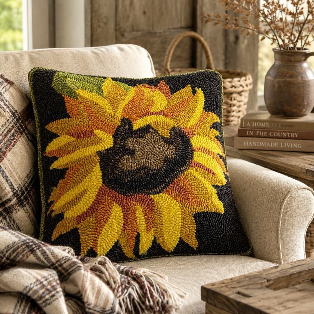 Plow & Hearth Indoor Outdoor Rug Fall PILLOW Sunflower 18x18" Rustic Farmhouse